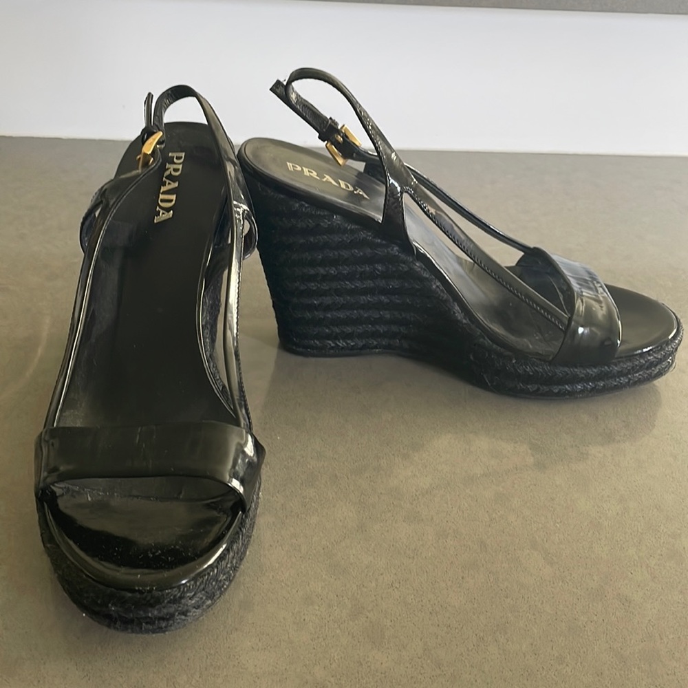 Gorgeous Prada patent leather slingback wedge heels